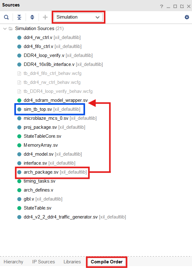 Vivado Compile Order界面,将arch_package.sv调整到sim_tb_top.sv上方