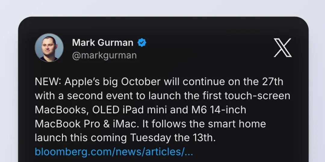 Mark Gurman爆料苹果10月27日发布会推文截图