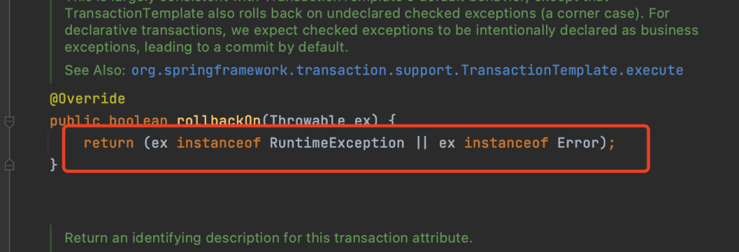 Transactional rollbackOn方法代码截图