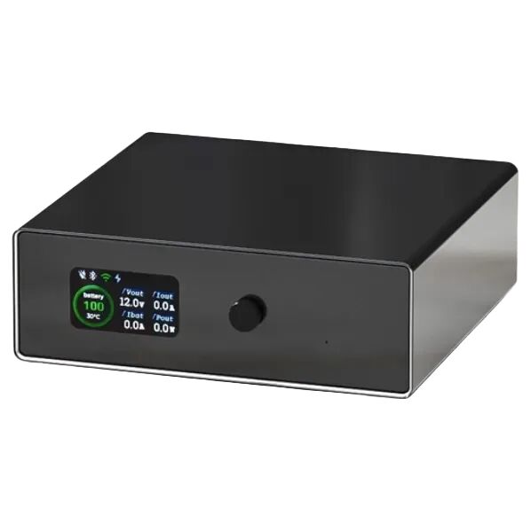 瓦力W150智能UPS正面显示屏，显示电池电量100%、输出电压12.0V