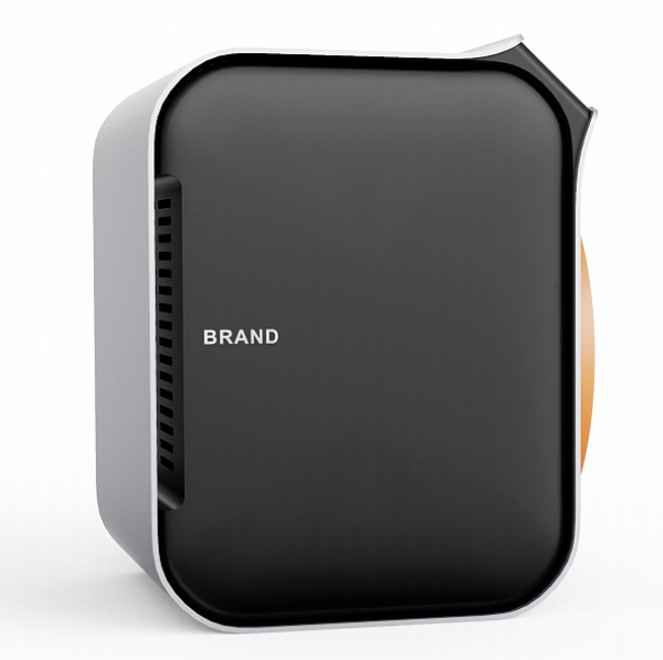 黑色与银色相间的立方体设备，侧面可见橙色散热结构