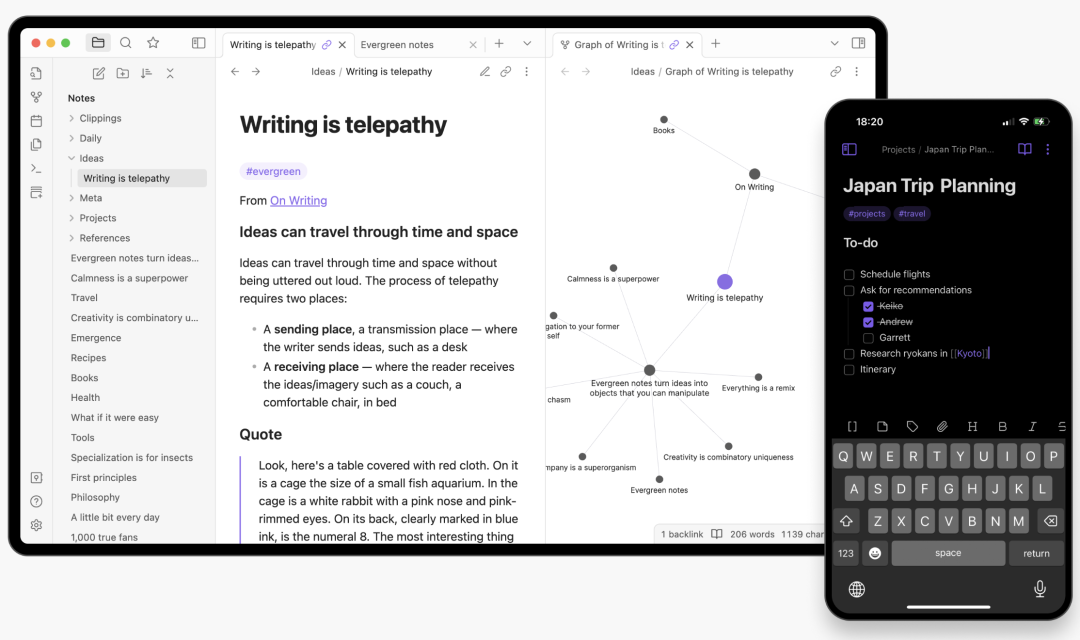 Obsidian笔记应用与手机待办事项界面截图