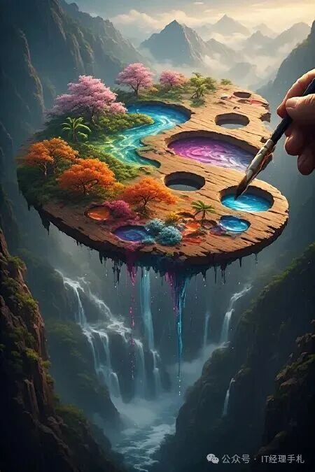 一只握着画笔的手悬于奇幻峡谷上方，画笔正从一个岛屿状的木质调色板上蘸取五彩颜料，彩色溪流与颜料瀑布注入云雾深谷
