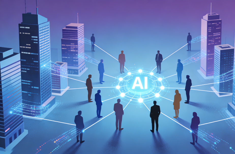 一幅描绘AI与人类在城市中协作的科技插画