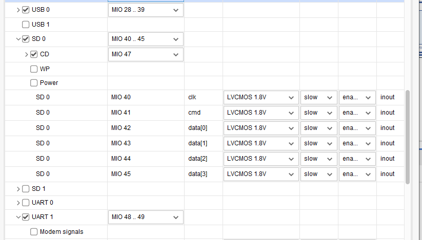 SD 卡和 UART 的 MIO 引脚配置