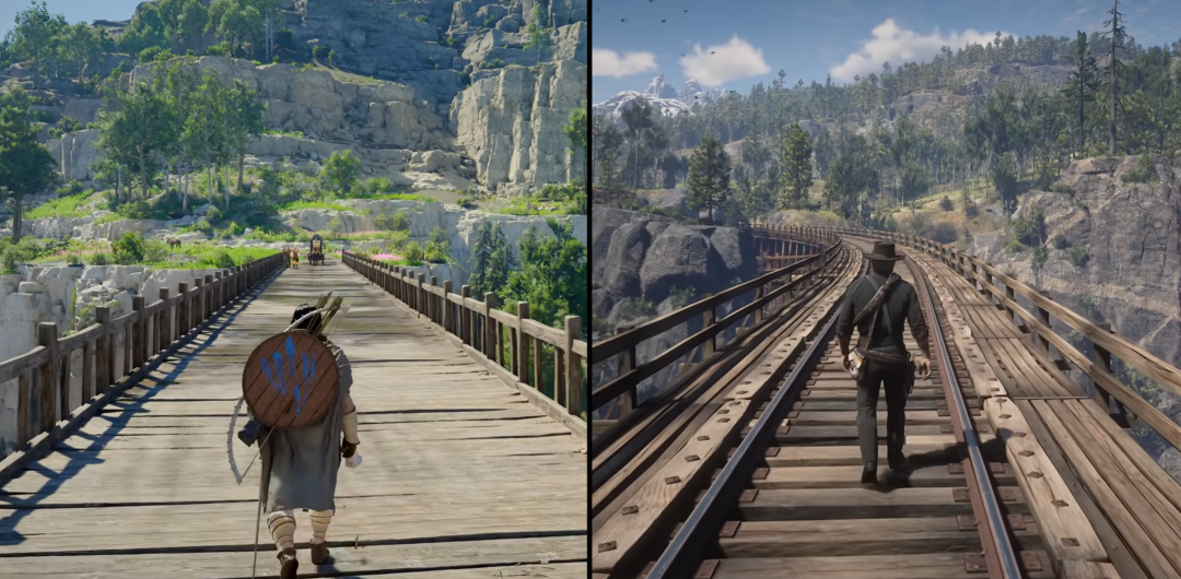 左右对比图：奇幻风格木桥与写实风格铁轨桥