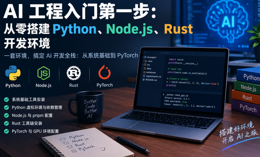 AI 工程环境搭建教程封面:Python、Node.js、Rust 与 PyTorch 配置大纲