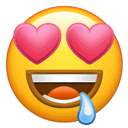 一个表情符号,黄色圆形脸,眼睛是心形,嘴巴张开,流着口水。