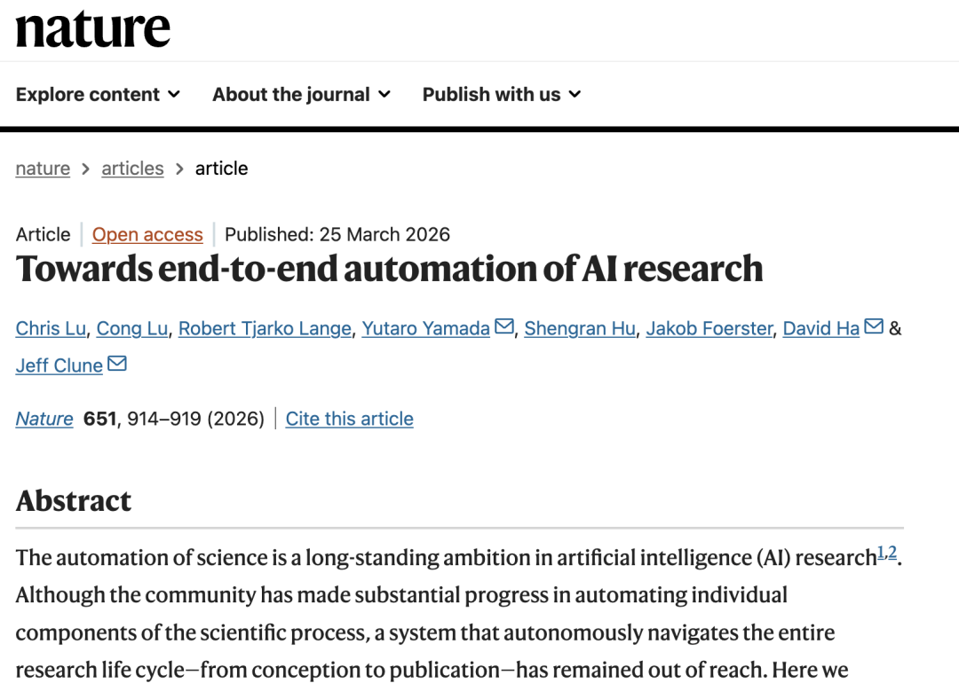 Nature期刊文章页面截图：Towards end-to-end automation of AI research