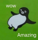 一只卡通企鹅张开双臂，表情呆萌，周围写着“wow”和“Amazing”