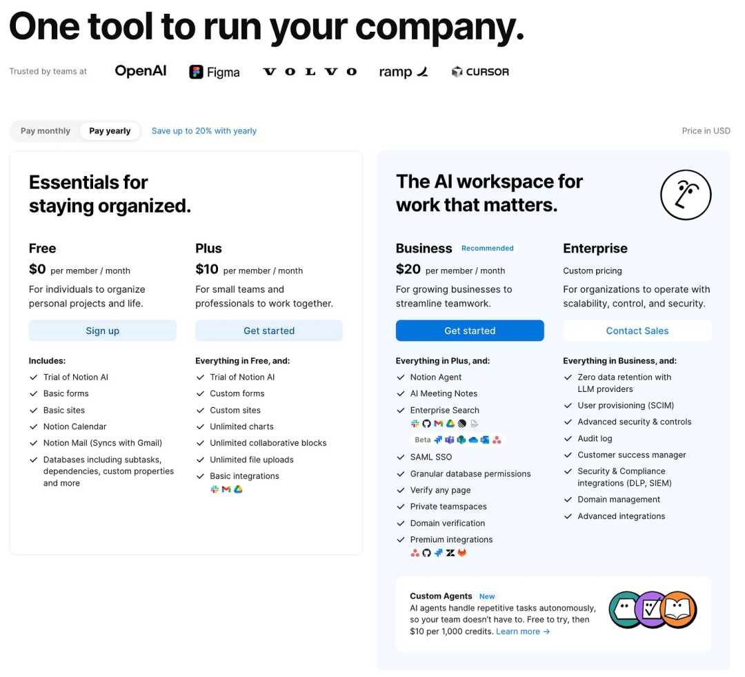 Notion包含AI功能的定价页面