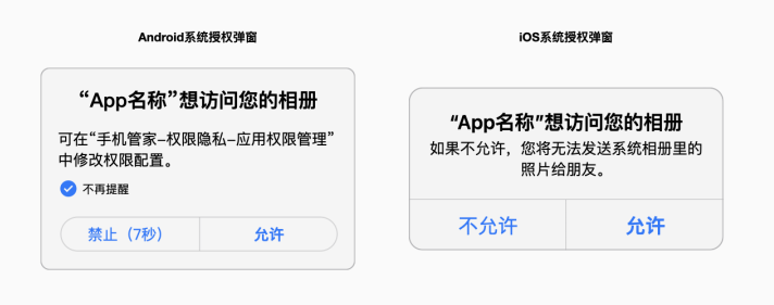 Android与iOS系统应用权限申请弹窗对比图