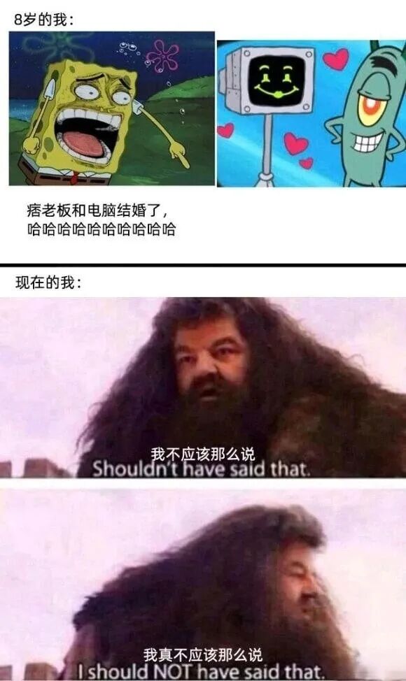 童年与成年对“人机恋”态度对比的梗图