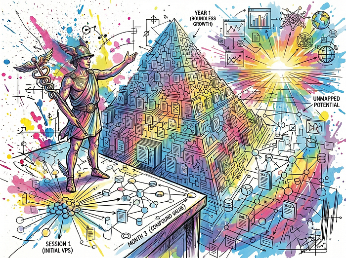 Hermes Agent 随使用时间增长的价值金字塔：从初始 VPS 到第三个月复合价值，再到一年后的无界增长