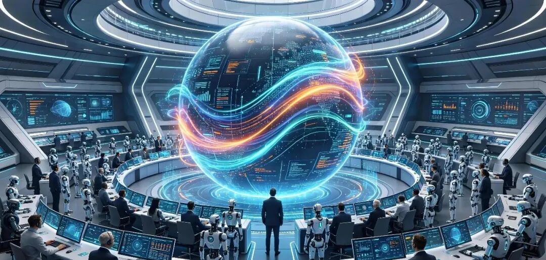 AI 控制室中的全息地球仪与智能机器人协作场景