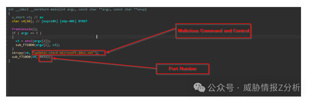 Laplas植入物C语言代码分析图，标注C2地址和端口