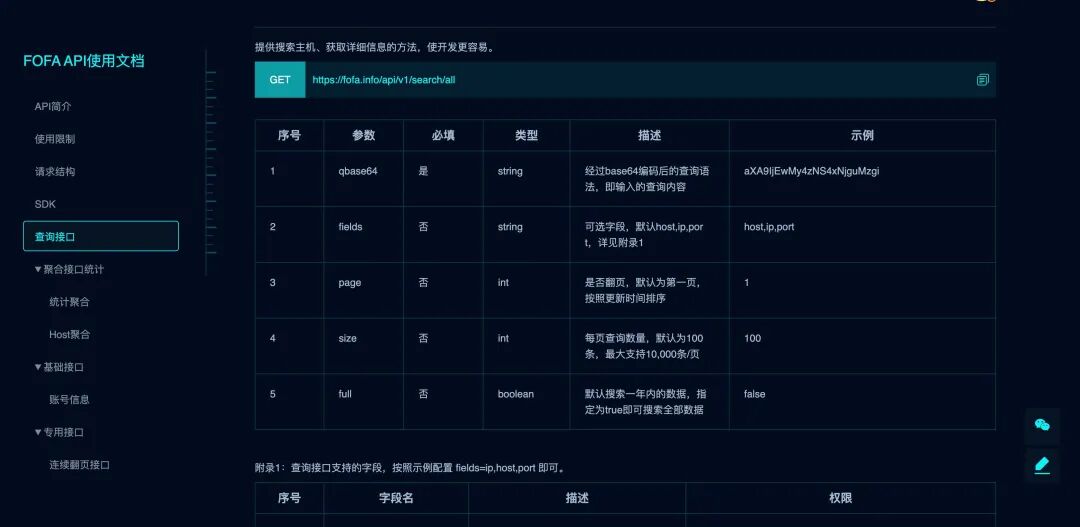 FOFA API文档页面，展示了查询接口的参数和示例