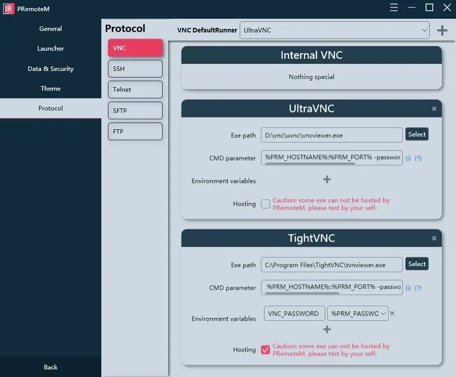 1Remote Runner 设置界面,可自定义 VNC 外部引擎与启动参数