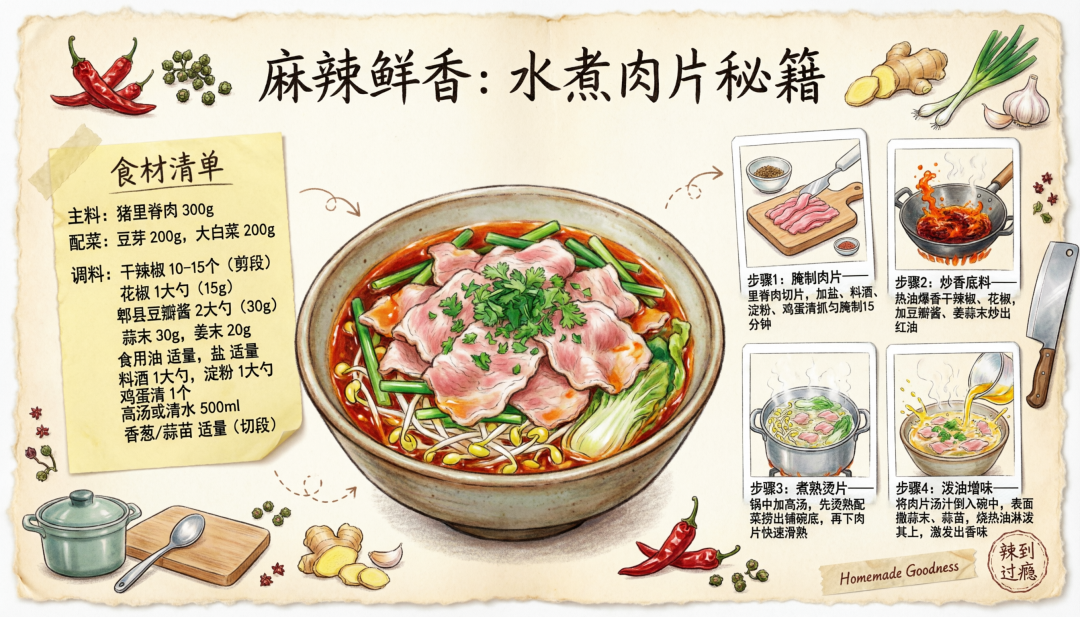 手账风格水煮肉片菜谱插画