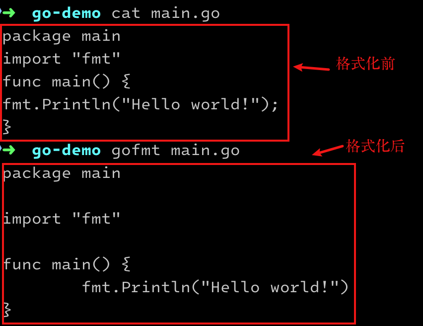 终端中展示Go代码格式化前后对比