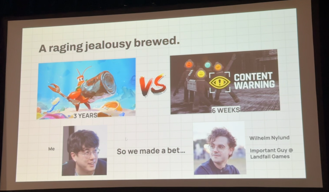 展示《蟹蟹寻宝奇遇》与《内容警告》开发周期对比的幻灯片