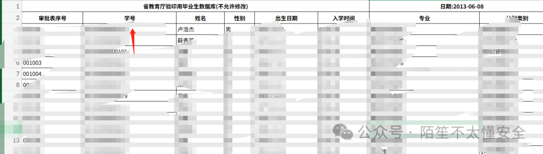 包含学号、姓名等信息的Excel表格截图