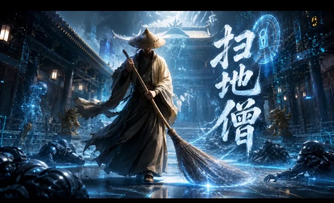 扫地僧形象图,古典武侠与赛博朋克融合
