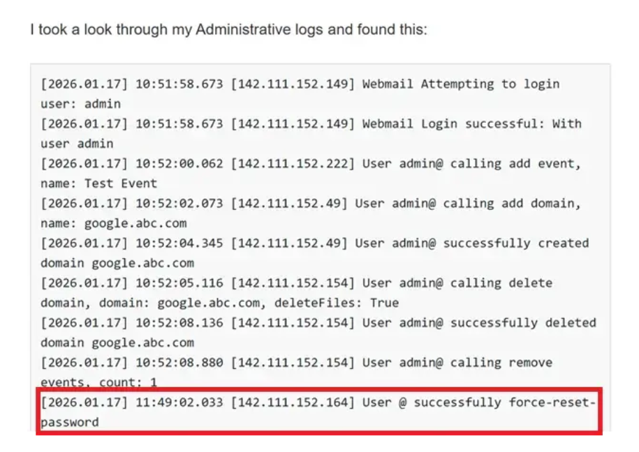 SmarterMail管理员日志截图，显示攻击者活动