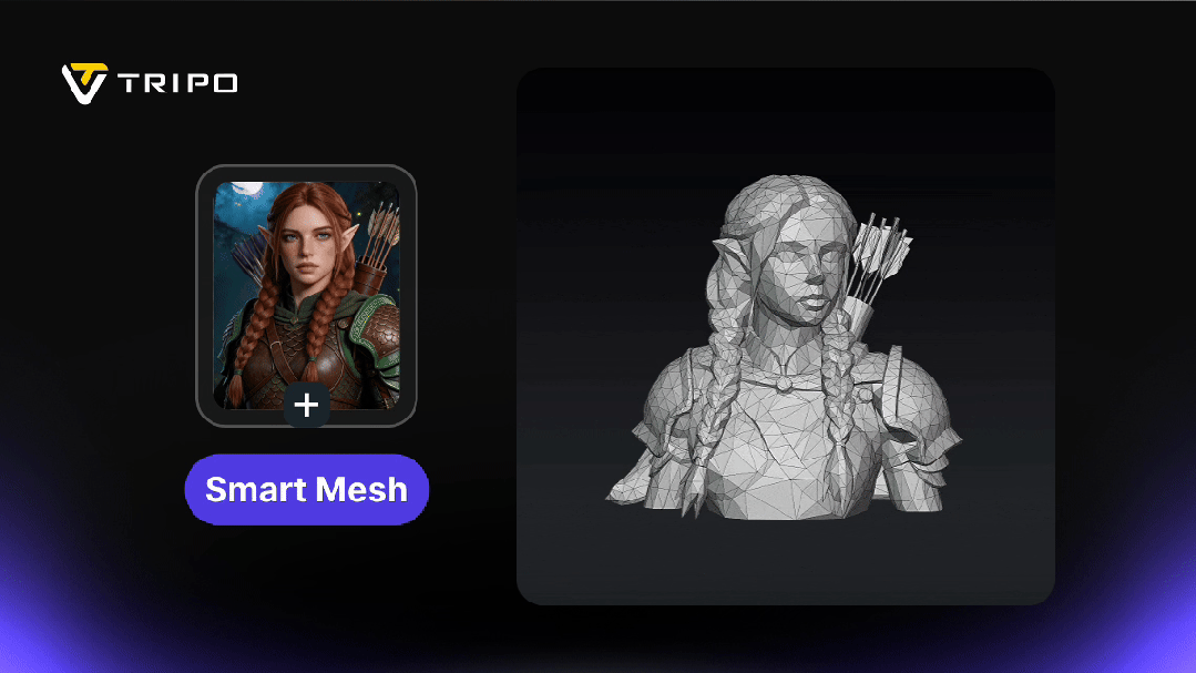 Tripo Smart Mesh 功能将2D角色图转化为高质量3D模型的过程