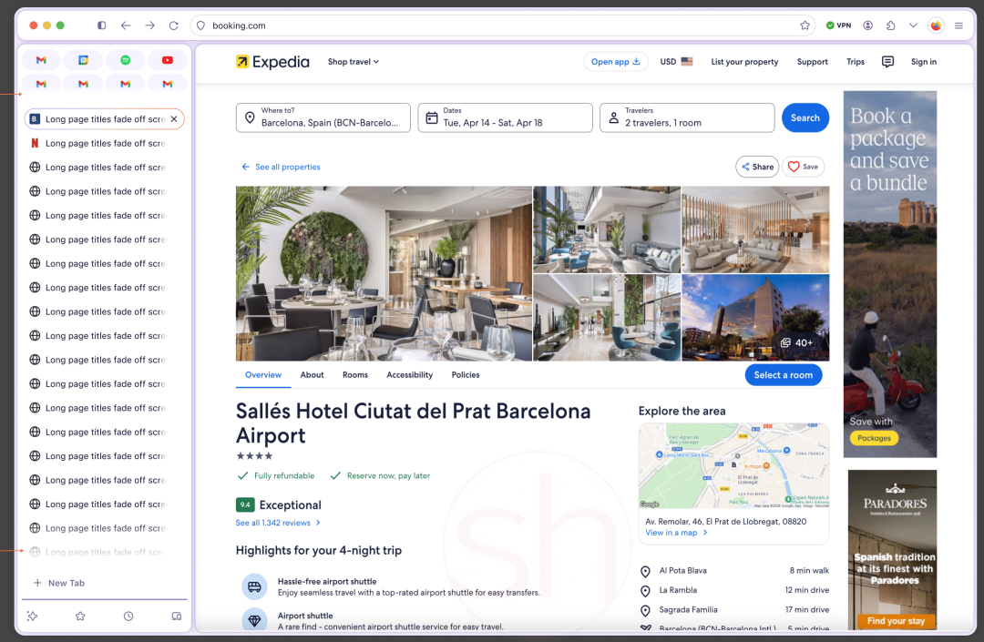 Firefox Nova 网页“画框式”呈现效果，内容区域与浏览器窗口边缘分离