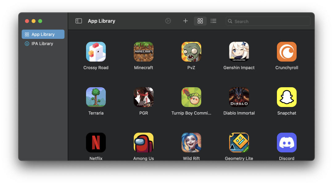 PlayCover App Library界面，显示已安装的《原神》、Minecraft等多款游戏