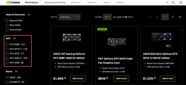 NVIDIA Marketplace显卡筛选页面
