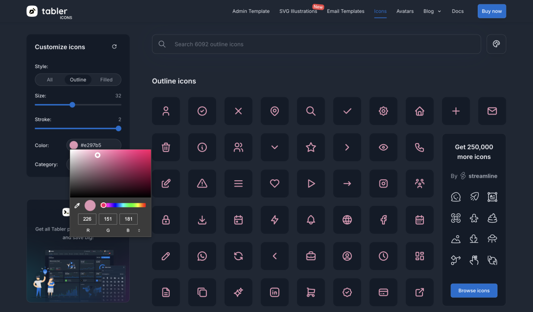 Tabler Icons图标定制与浏览界面截图
