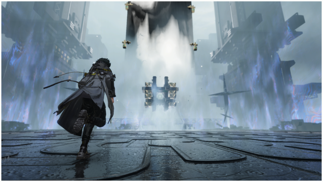 角色在末世废墟场景中奔跑，前方有建筑坠落