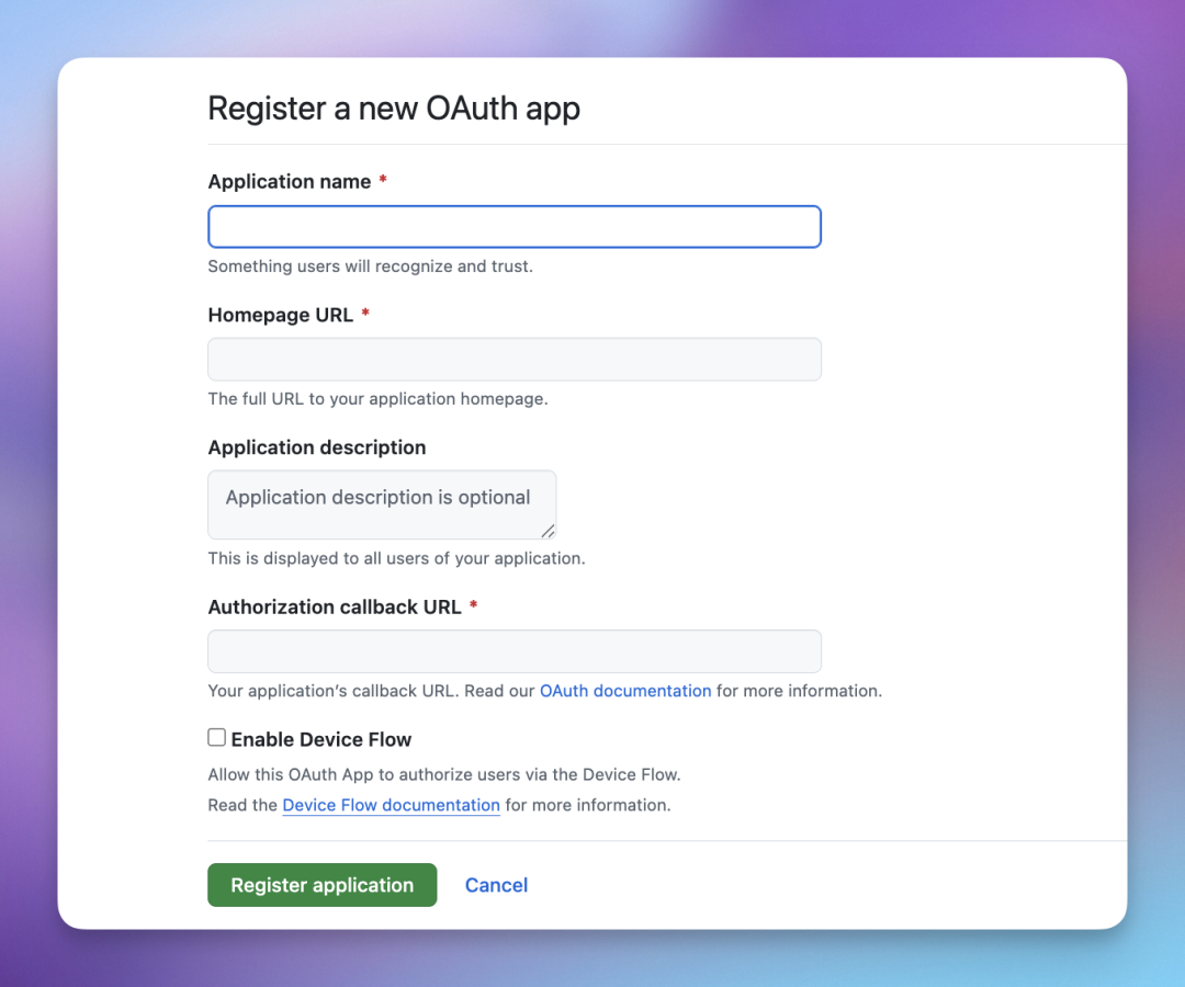 GitHub 新建 OAuth 应用表单