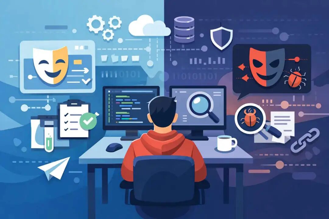 程序员面对屏幕进行测试的扁平化插画