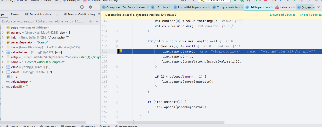 IDE代码界面截图，显示参数拼接逻辑及XSS脚本注入