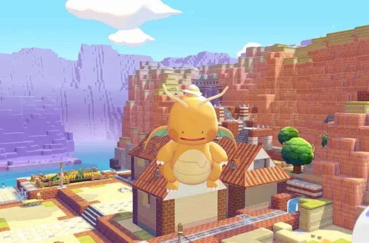 快龙站在像素风格房屋屋顶