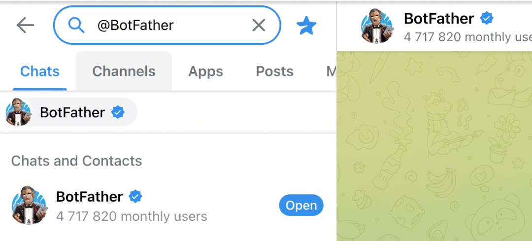 Telegram搜索界面，搜索结果中显示BotFather