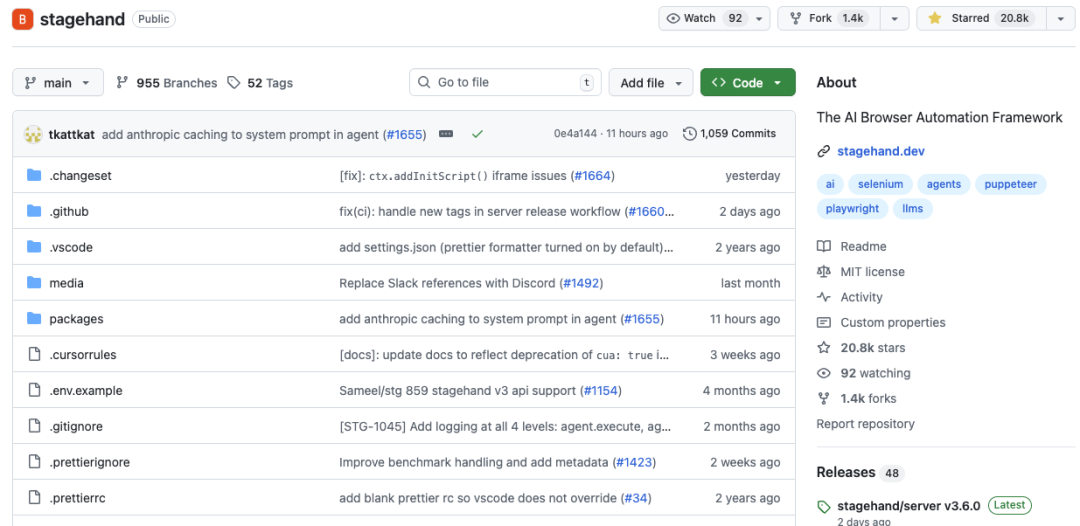 Stagehand GitHub 仓库主页，显示20.8k星标