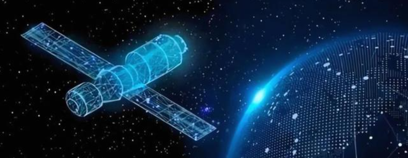 一颗发光的蓝色卫星在太空中运行