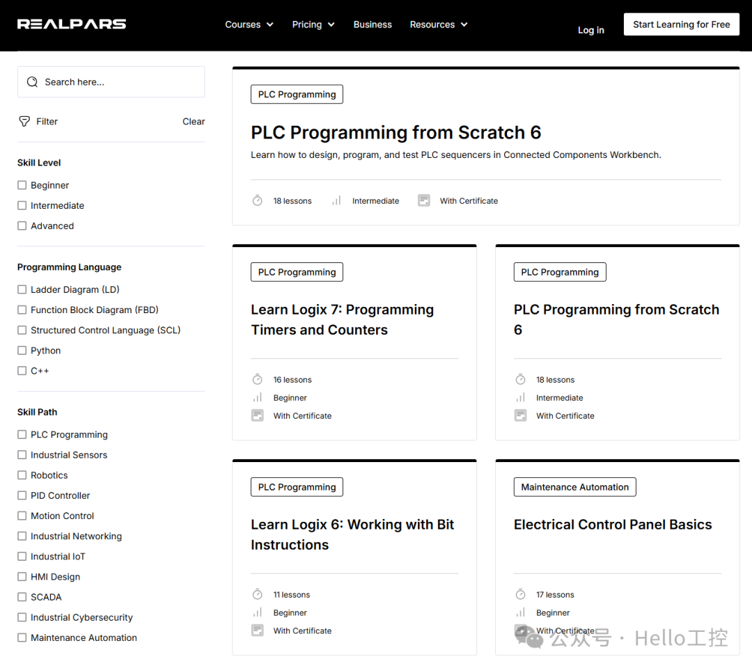 RealPars PLC编程课程页面截图