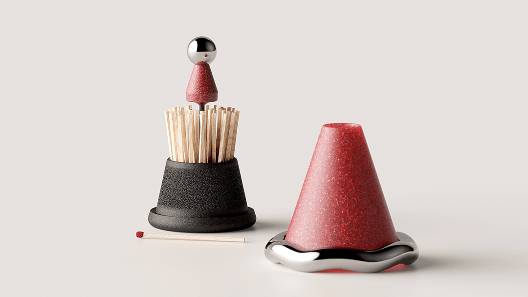现代风格的火柴盒与红色锥形艺术摆件