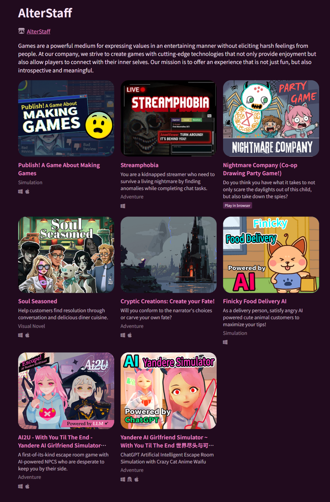 AlterStaff公司旗下的多款AI原生游戏展示