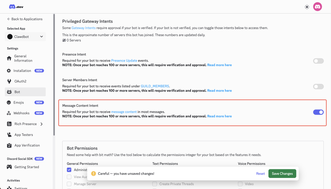 Discord特权意图设置，开启Message Content Intent
