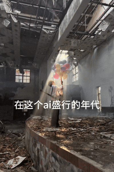 男子在废墟中手持气球，营造超现实对比