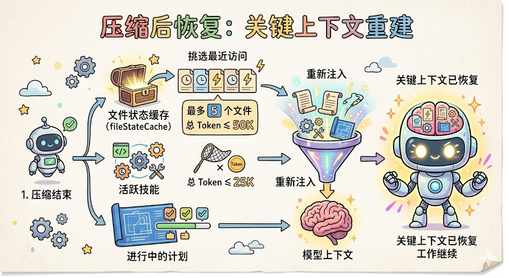 一张关于‘压缩后恢复:关键上下文重建’的流程图,背景为米色纸张风格。左侧是一个带绿色对勾的机器人图标,标注‘1. 压缩结束’,从其分出三条路径:上方指向‘文件状态缓存 (fileStateCache)’(含宝箱、齿轮等图标),中间指向‘活跃技能’(含代码、齿轮、扳手图标),下方指向‘进行中的计划’(含蓝图、进度条、检查标记)。中间区域展示恢复流程:‘挑选最近访问’(四个带时钟和闪电图标的卡片)→‘最多5个文件 总Token ≤ 50K’→‘重新注入’(漏斗中放入文档、笔、齿轮等元素)→‘模型上下文’(大脑图形)→右侧机器人形象,头部显示脑内多个图标(如电池、文档、齿轮),标注‘关键上下文已恢复 工作继续’;同时在漏斗上方有‘重新注入’字样,右上角另标‘关键上下文已恢复’。