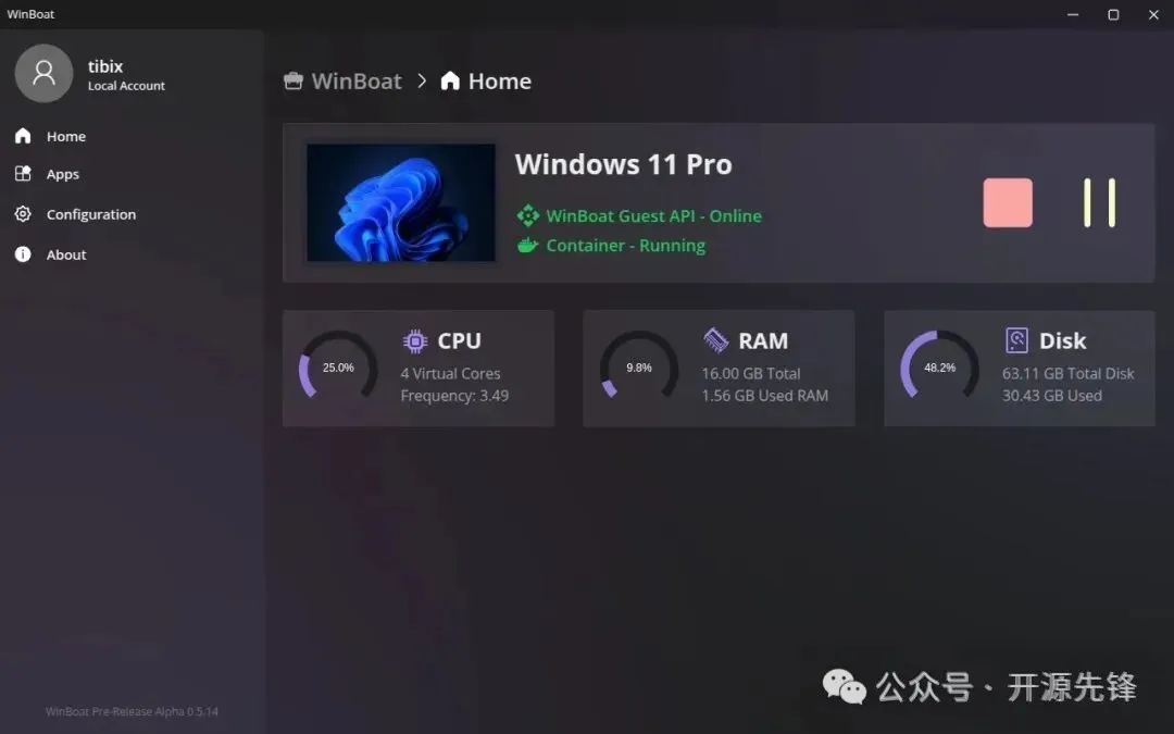 WinBoat 虚拟机运行状态仪表盘