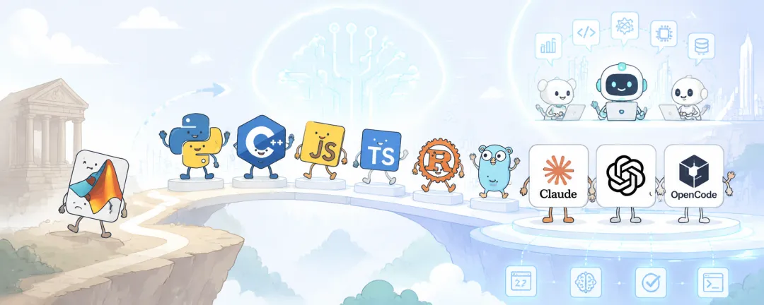 编程语言与 AI 工具卡通插画:Python、C++、JS、TS、R、Claude、OpenAI