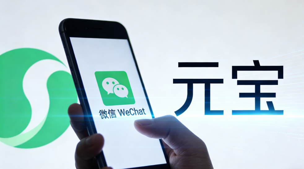 元宝与微信结合的科技感图示